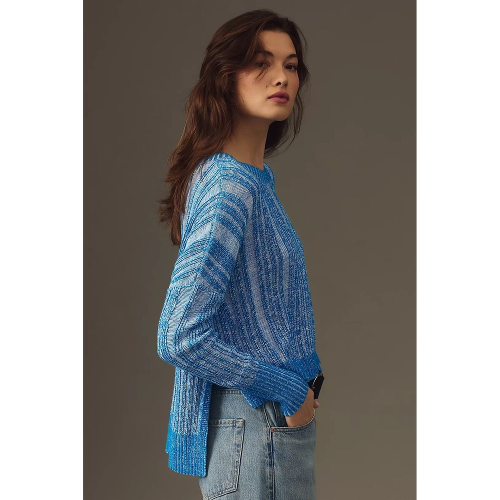 Pilcro Anthropologie High-Low Ribbed Knit Crewneck Sweater Blue White XXS